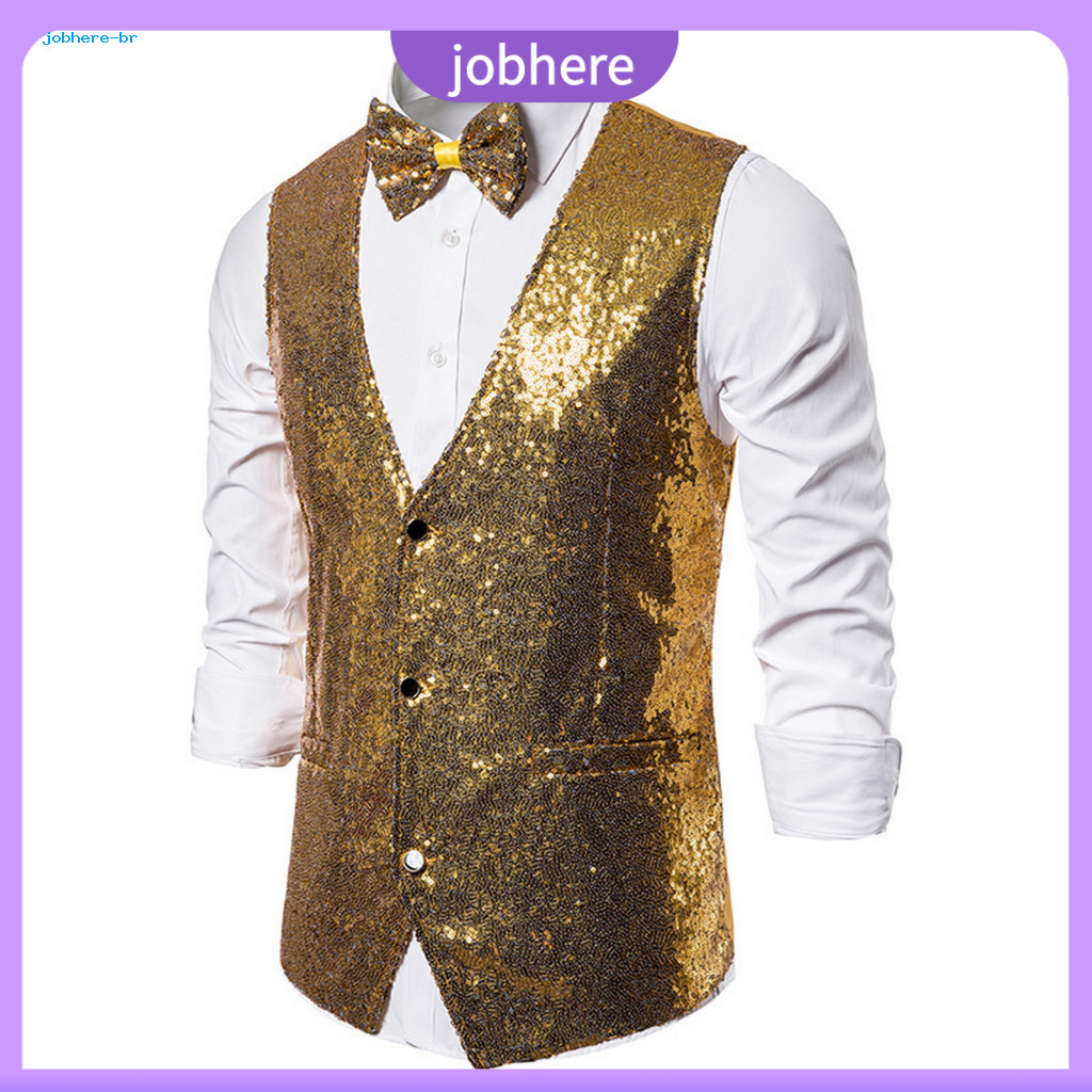 Men Formal Suit Vest Skin-friendly Men's Sequin Bow Tie Set Slim Fit Sleeveless Waistcoat Single-breasted V-neck Stage P