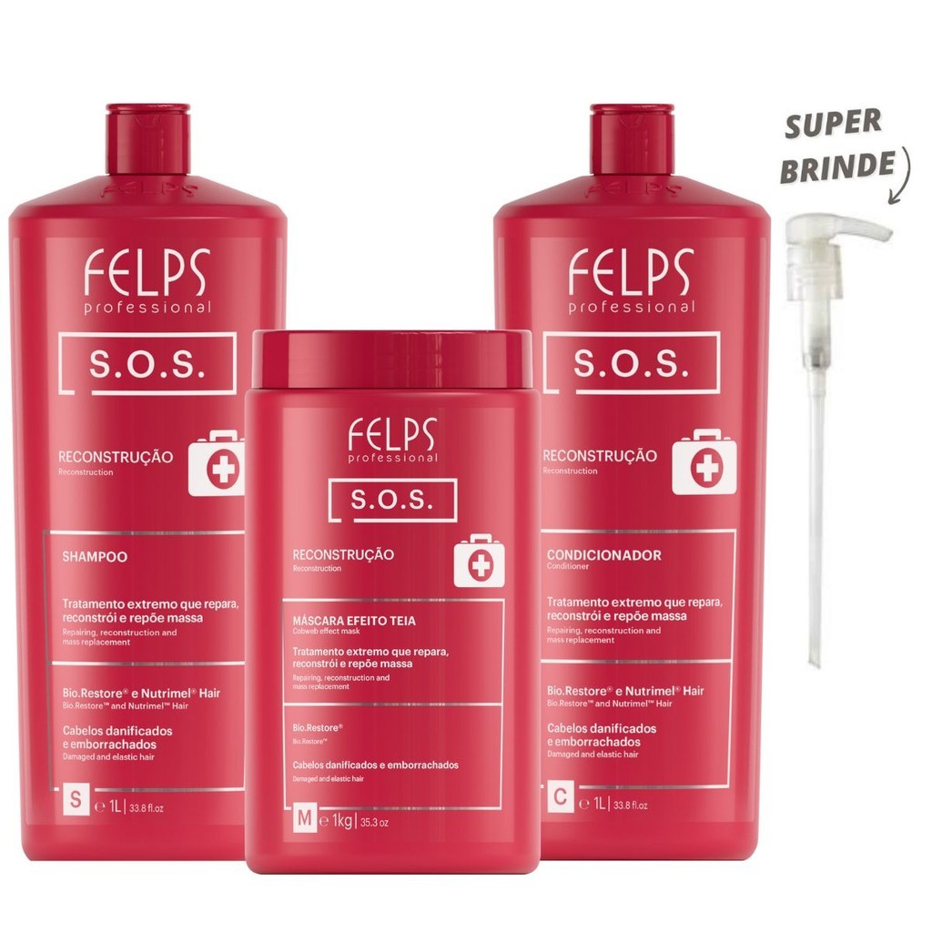 Felps Sos Kit Tratamento Extremo Shampoo 1L + Condicionador 1L + Máscara 1kg
