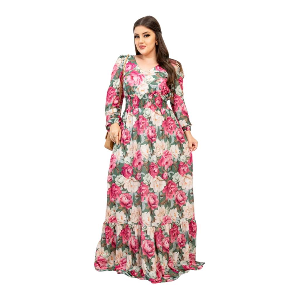 Vestido Moda Feminina Longo Floral Manga Longa Estampado Iza