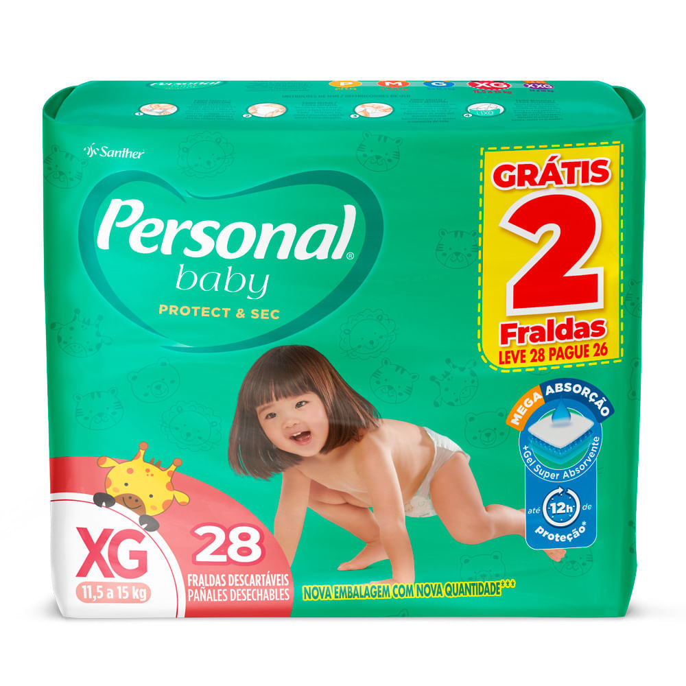 Fralda Personal Baby Protect & Sec Tamanho XG Leve 28 Pague 26 Fraldas Descartáveis em Oferta na Shopee