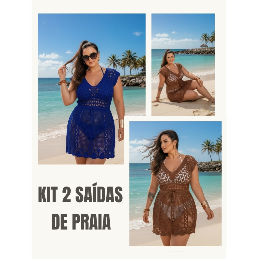 Kit Duas Saídas de Praia de Tricô Vestido Curto Elegante Moda Feminina Plus Size