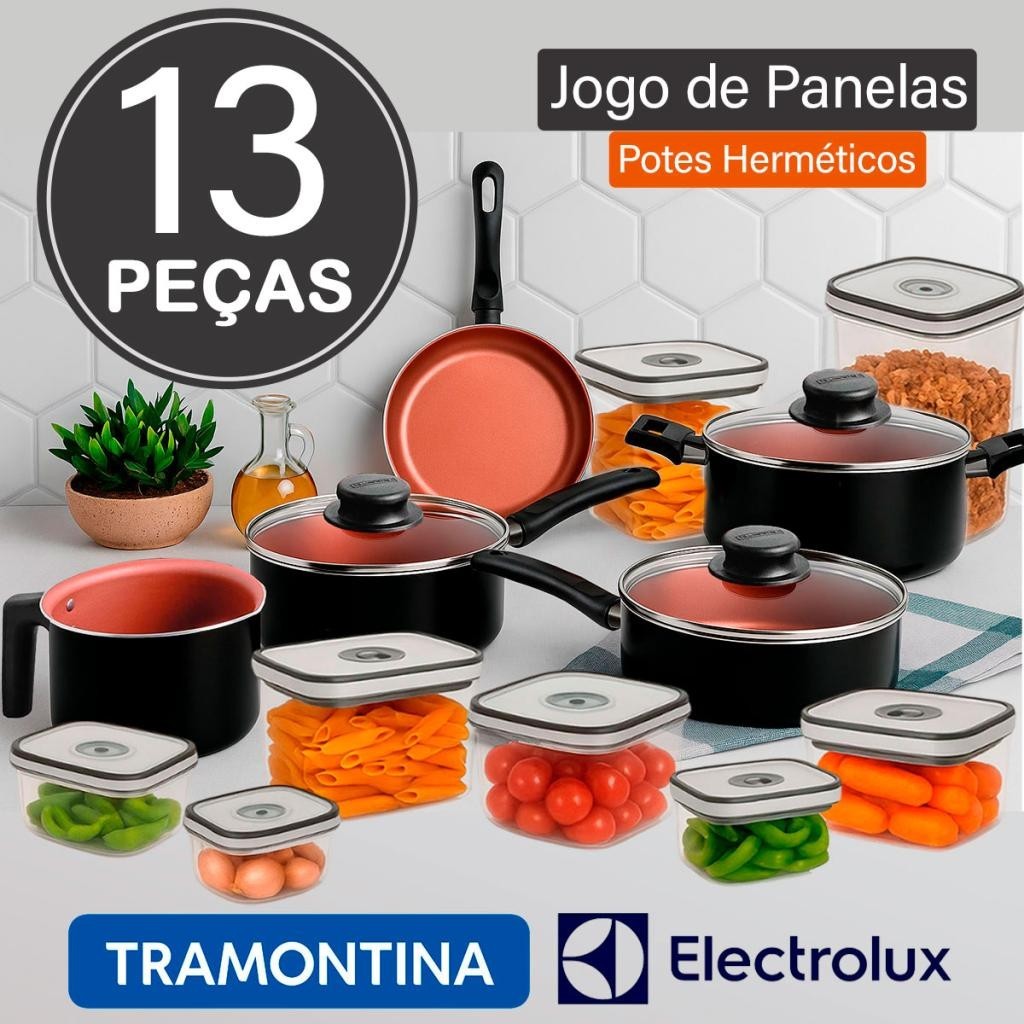 Conjunto de Panelas Tramontina Caribe Preto com Jogo de Potes Herméticos Electrolux - 13 Peças em Oferta na Shopee