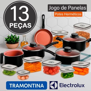 Conjunto de Panelas Tramontina Caribe Preto com Jogo de Potes Herméticos Electrolux - 13 Peças em Oferta na Shopee