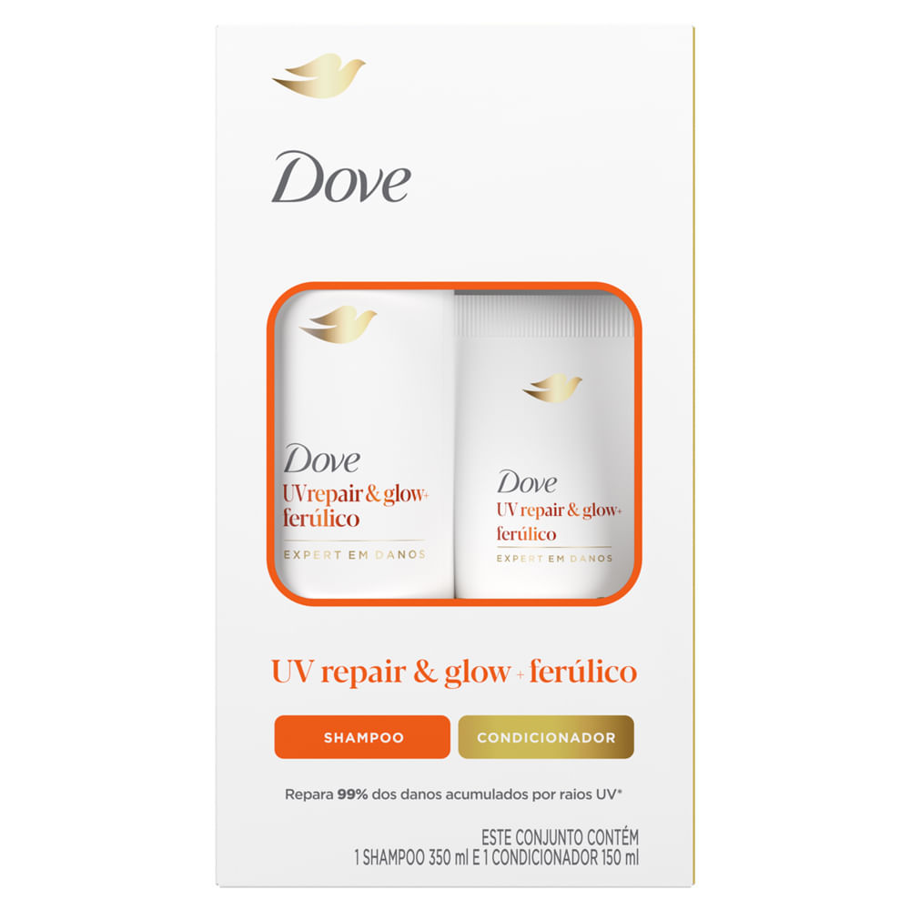 Kit Dove UV Repair e Glow Ferúlico Expert em Danos Shampoo 350ml e Condicionador 150ml em Oferta na Shopee