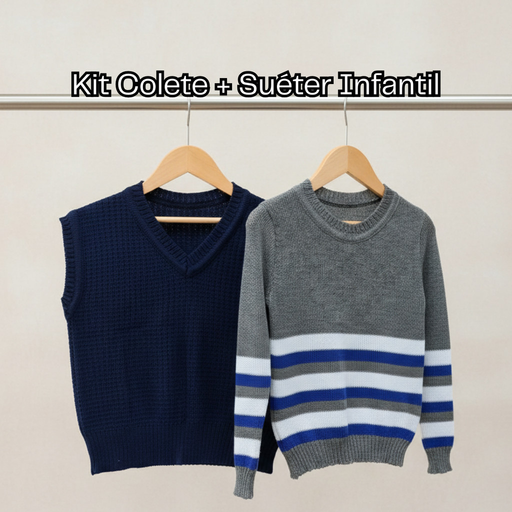 Kit Infantil 2 Peças em Tricot – 1 Colete + 1 Suéter – Tamanhos 1 ao 8 – Conjunto Quentinho Unissex Outono/Inverno