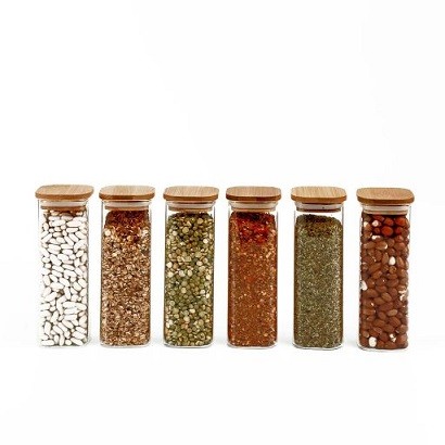 Kit de Pote Hermético de Vidro Quadrado com Tampa de Bambu 6 Peças - Oikos