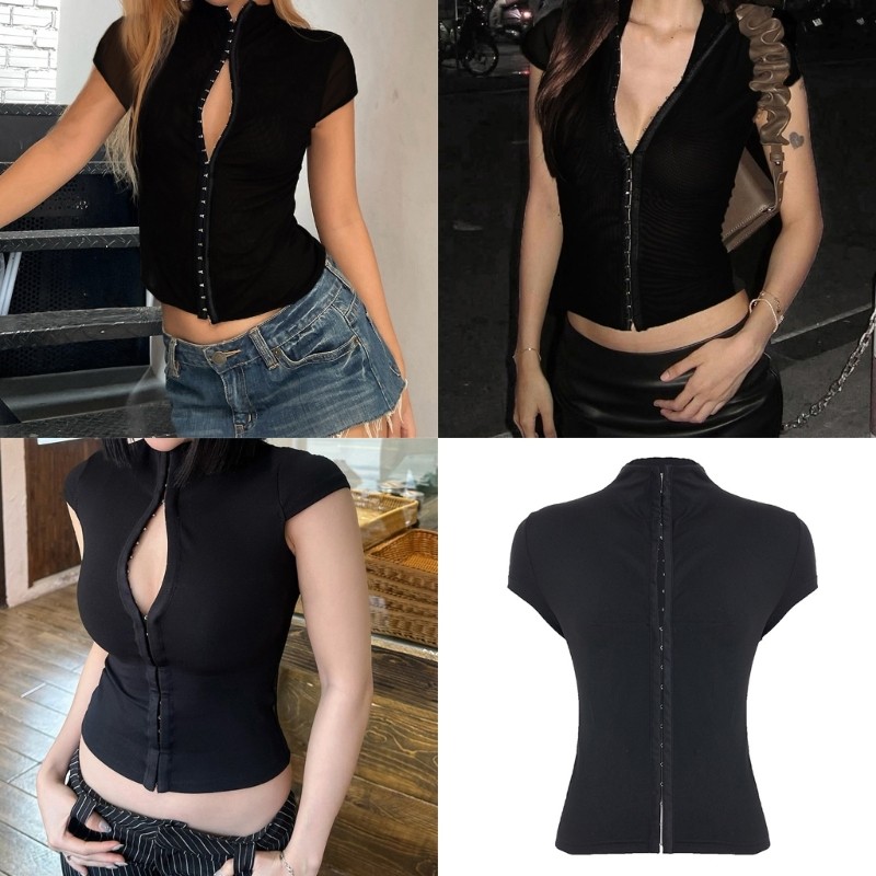 Xixi Camisa Kint Com Gola Canelada Blusa De Manga Curta De Verão Saindo Crop