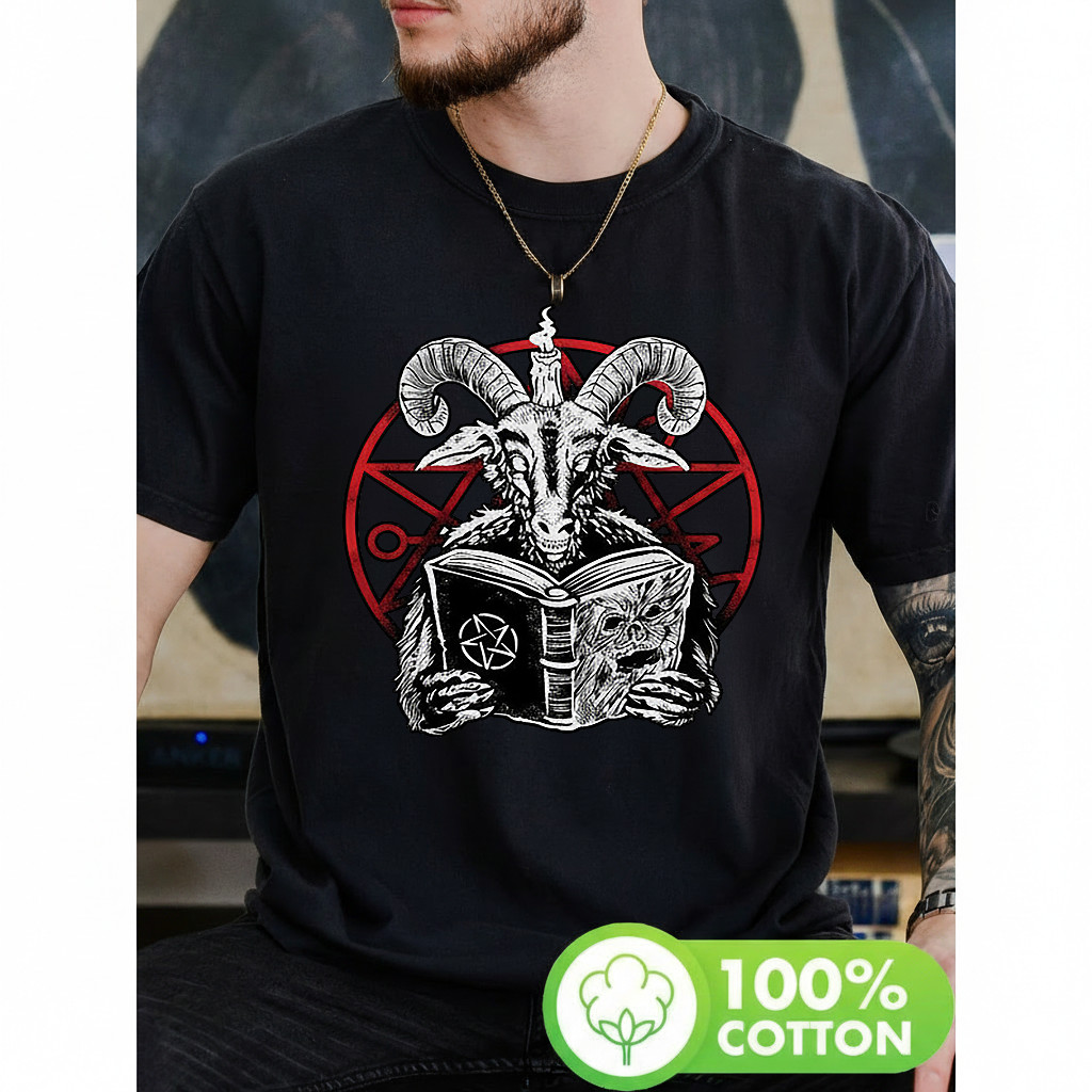 Camiseta Masculina Estampa Bode Livro Pentagrama Moderna Atemporal Estilosa Cena Fantasia