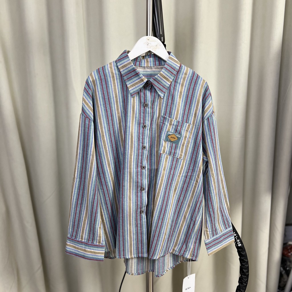 3216 Novo estilo feminino elegante All-Match estilo solto primavera outono listrado camisa de manga comprida