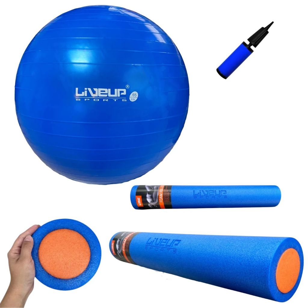 Kit Rolo Pilates 90cm + Bola Suíça 65cm + Mini Bomba para Alongamento Equilíbrio Yoga