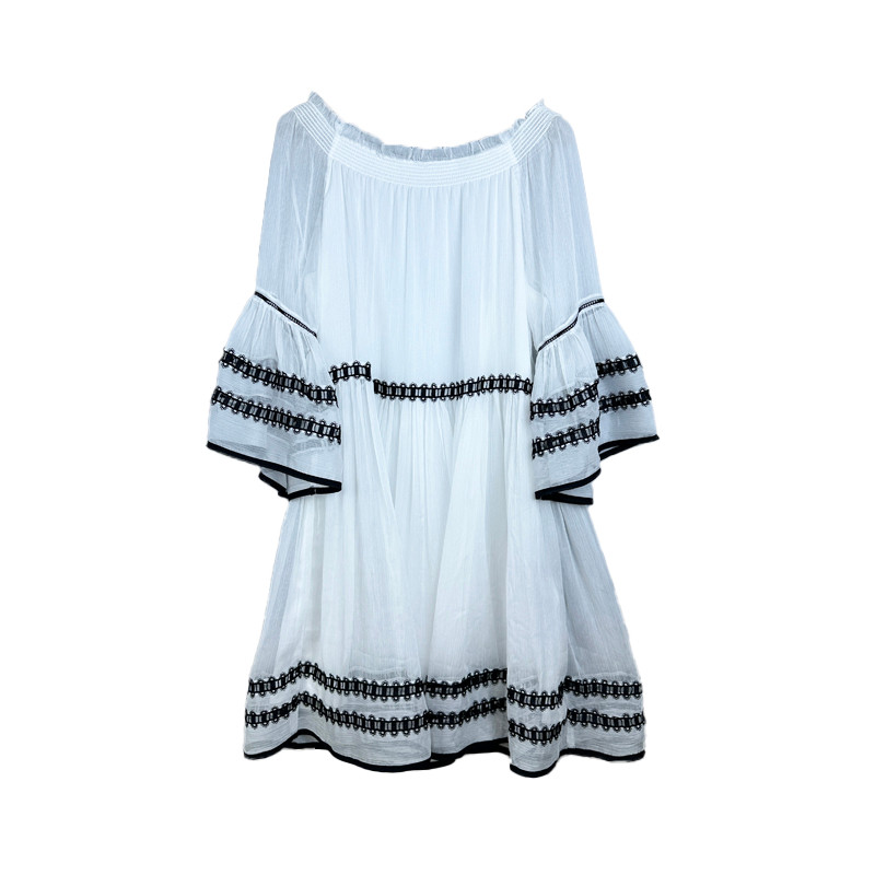 Pull série contador genuíno puro pescoço plano manga larga bordado cintura elástica vestido linha A verão 1T001383