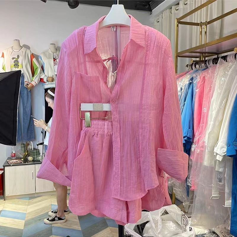 Camisa protetora solar de Chiffon rosa feminina, camisa de Design fino, Shorts, dois conjuntos, jaqueta superior de mang