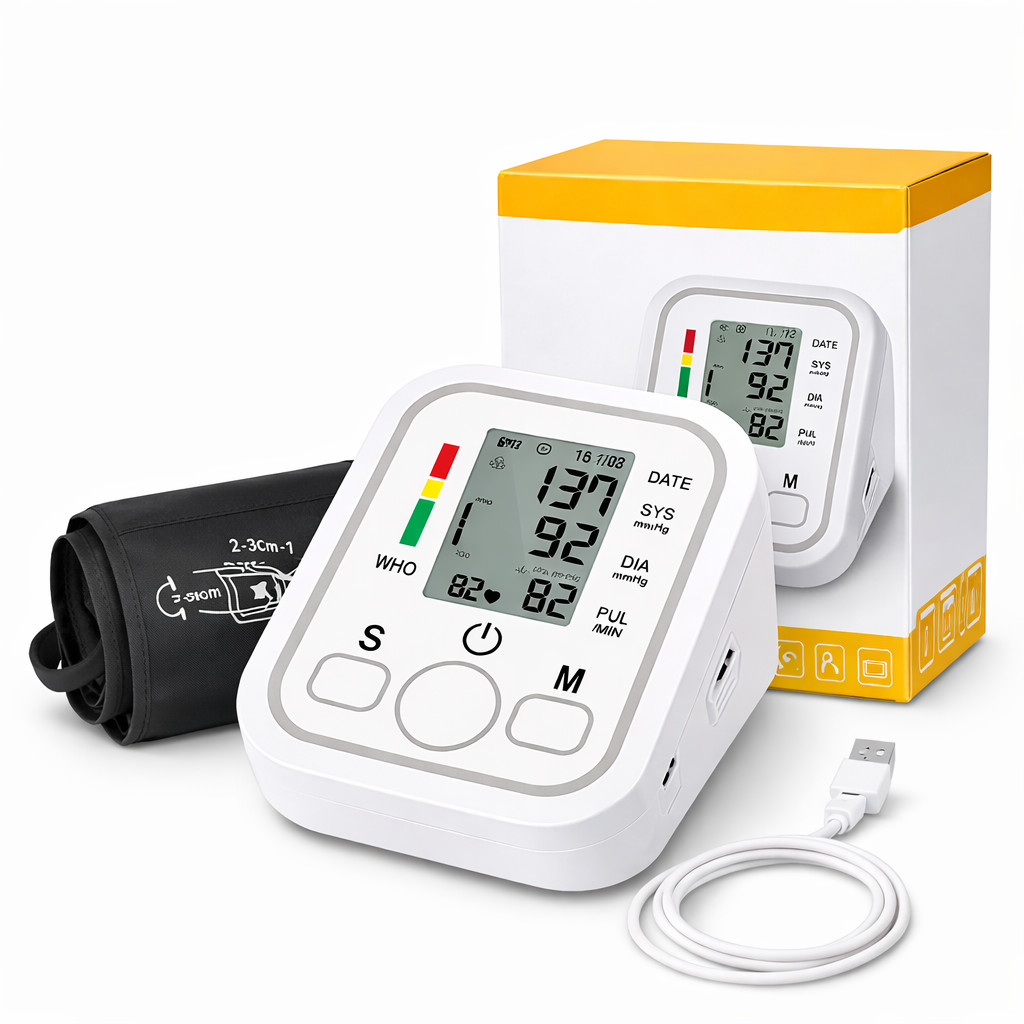 Medidor de Pressão Arterial Digital de Braço Automático Monitor Cardíaco LCD com USB