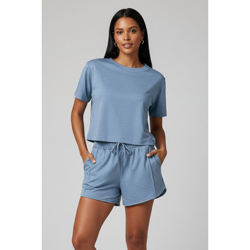 Conjunto Curto Feminino Malha Dublada Marialícia Azul Claro