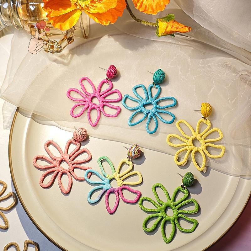 [PEBR] Brincos Femininos Estilo Praia Verão, Acessórios Coloridos de Ráfia Feitos à Mão com Flores Vazadas 2HPG