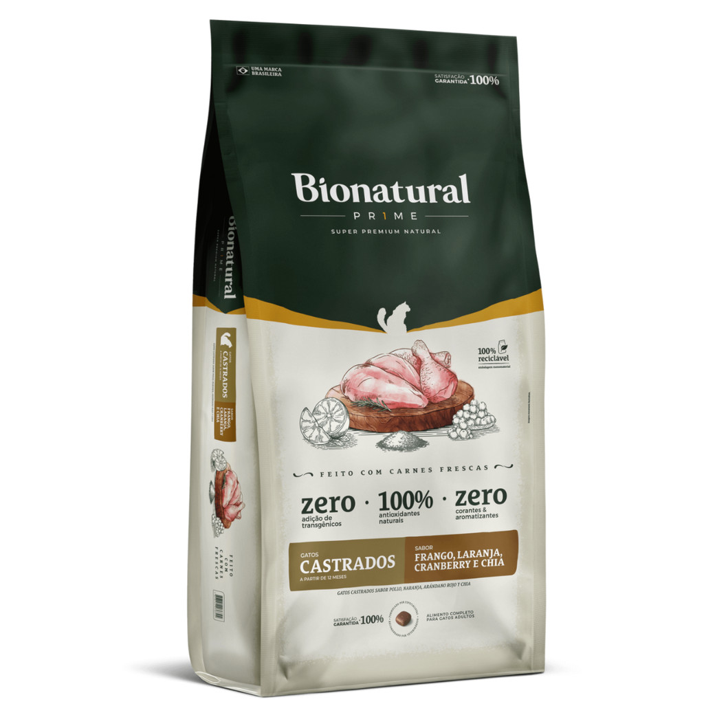 Ração Bionatural Prime Gatos Adultos Castrados 7,5 kg Frango, Laranja, Cranberry e Chia