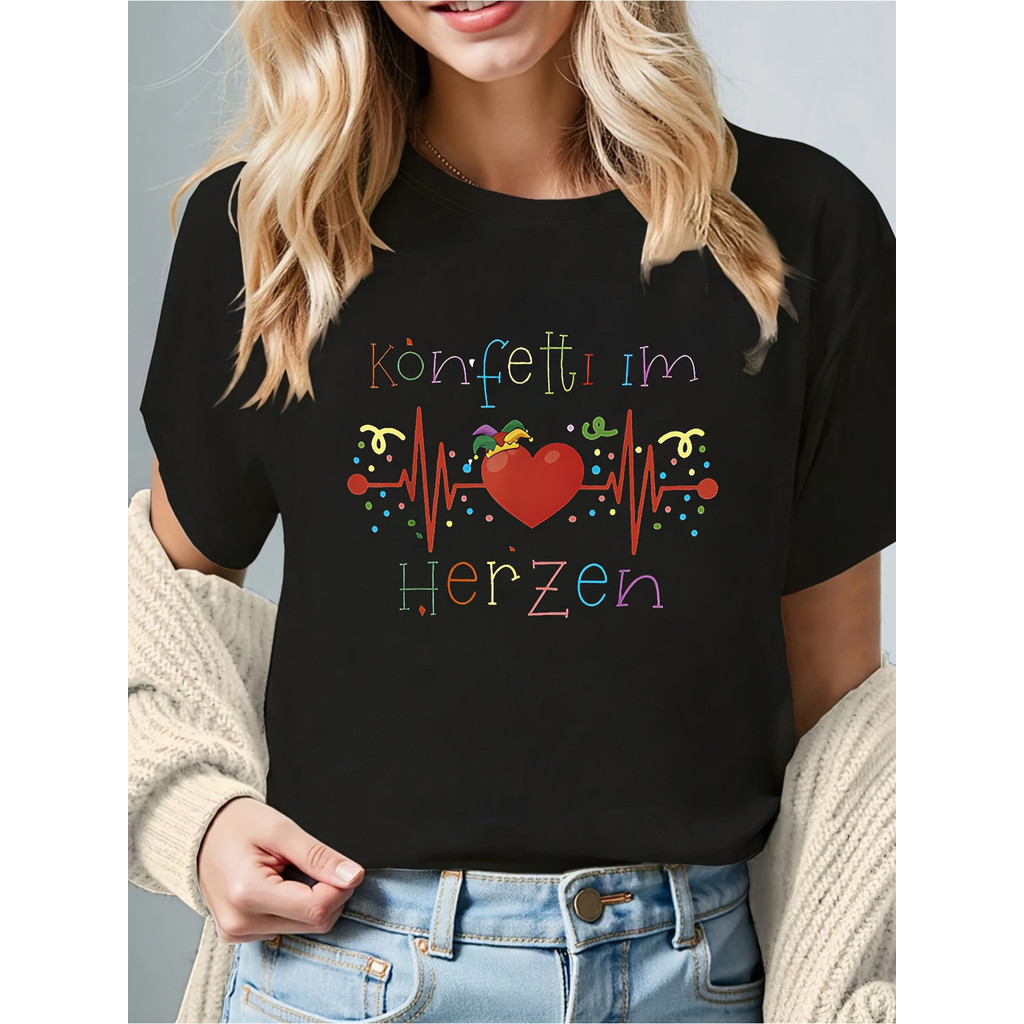 Camiseta Feminina Carnaval Alemão Confetti Coração Plus Size Estilosa Confortável Divertida Casual