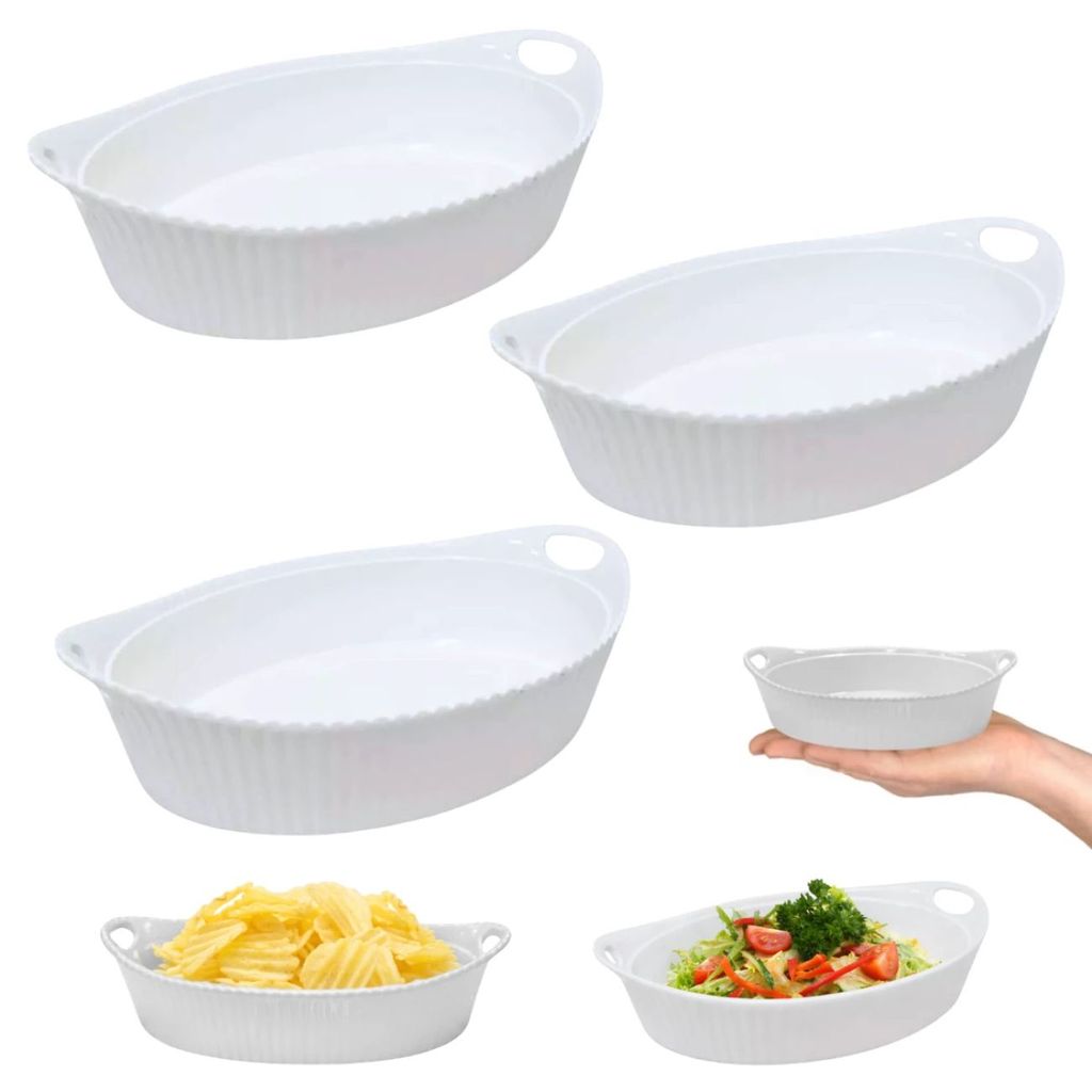 Conjunto 3 Tigelas PEQUENAS 300ml Oval com Alça em Melamina Branca Bowl para Cozinha Petiscos Salada