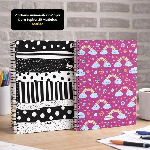 Caderno universitario espiral 240 folhas 20 materias capa dura rosa preto nuvem poa pautado de achadinhos