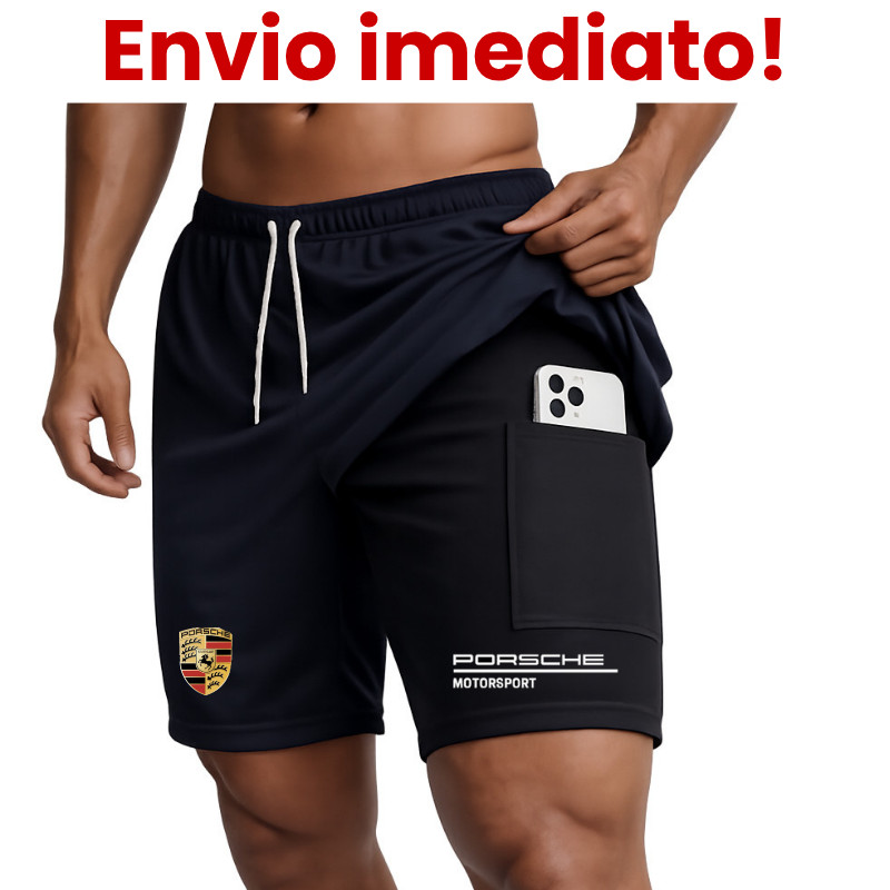 Bermuda Masculina 2 em 1 Compressão DryFit Elastano Estilo Porsche para Academia, Corrida, Dia a Dia
