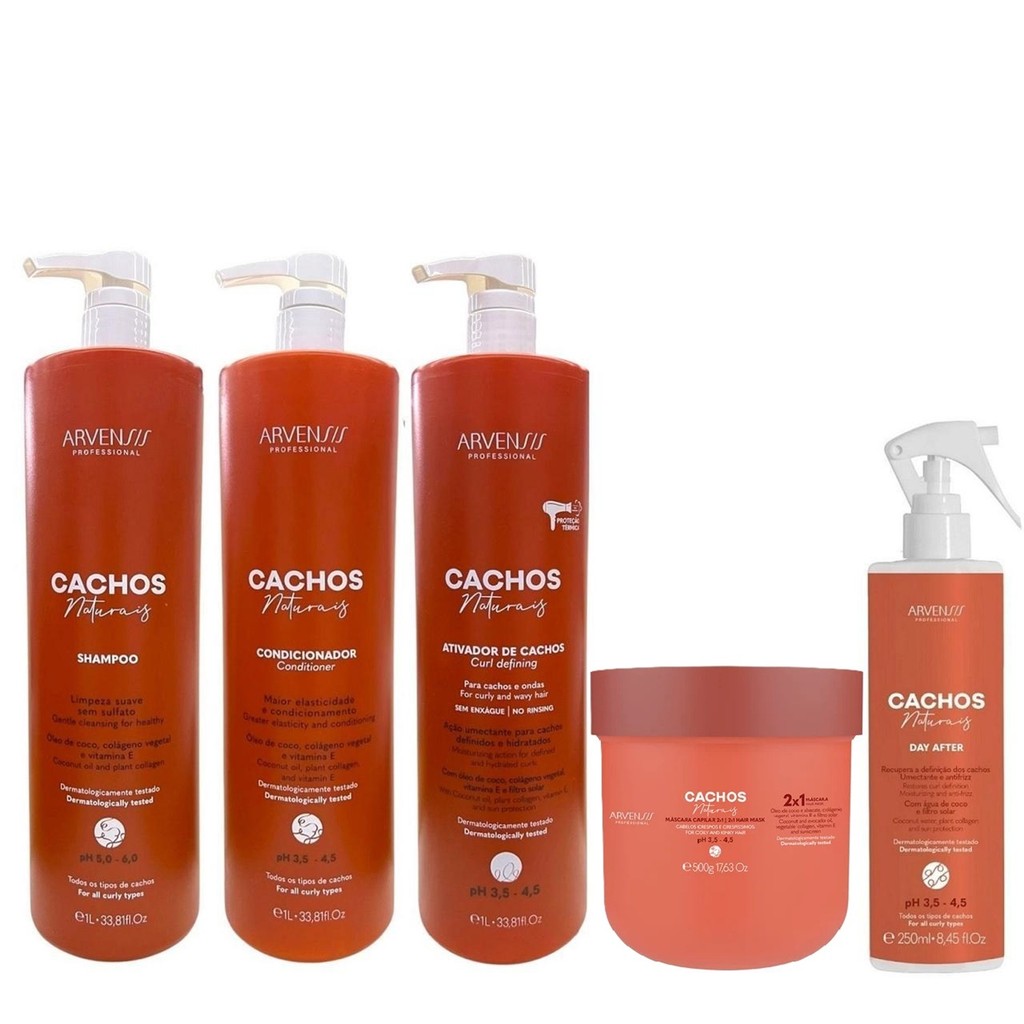 Kit Arvensis Cachos - Shampoo 1L + Condicionador 1L + Ativador de Cachos 1L + Day After 250ml +Máscara Capilar 2x1 500g