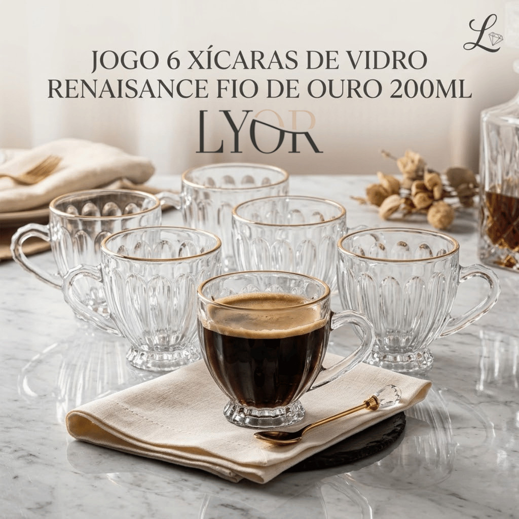Jogo 6 Xícaras Vidro 200ml Renaissance Fio Ouro - Lyor / Caneca Luxo Posta Decoração Kit Conjunto