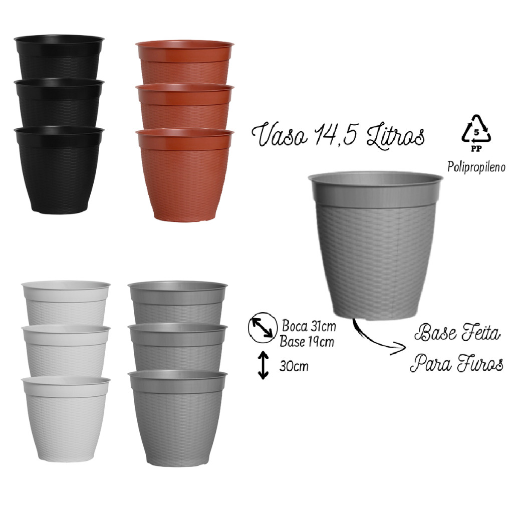 Jogo 5 Vasos Redondo Rattan 14,5 Litros 31cm Plantas Jardim Decoração Vime Frutíferas Plasnew