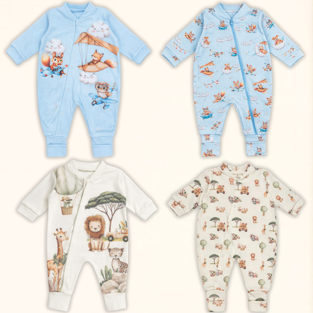 Kit 4 Macacão Bebe Estampado Digital Suedine Canelado Algodão Penteado Macio Zíper Menino Menina Neutro