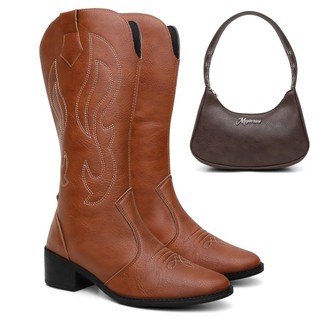 Kit Bota Western Caramelo Tendencia Boiadeira Com Bolsa Meia Lua Estilosa Kit Rodeio