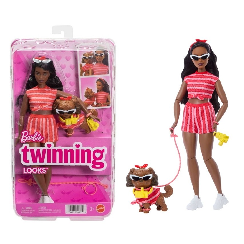 Boneca Barbie Negra - Twinning Looks c/ Cachorrinho - JFP37 - Mattel