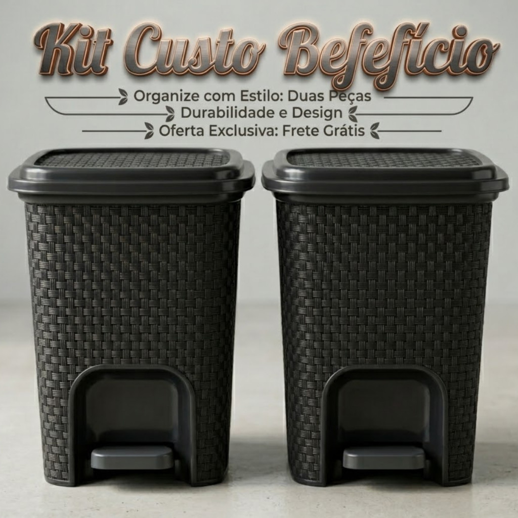 Kit 1 ou 2 Lixeiras Rattan 7L com Pedal Preta Banheiro Cozinha Moderna Compacta
