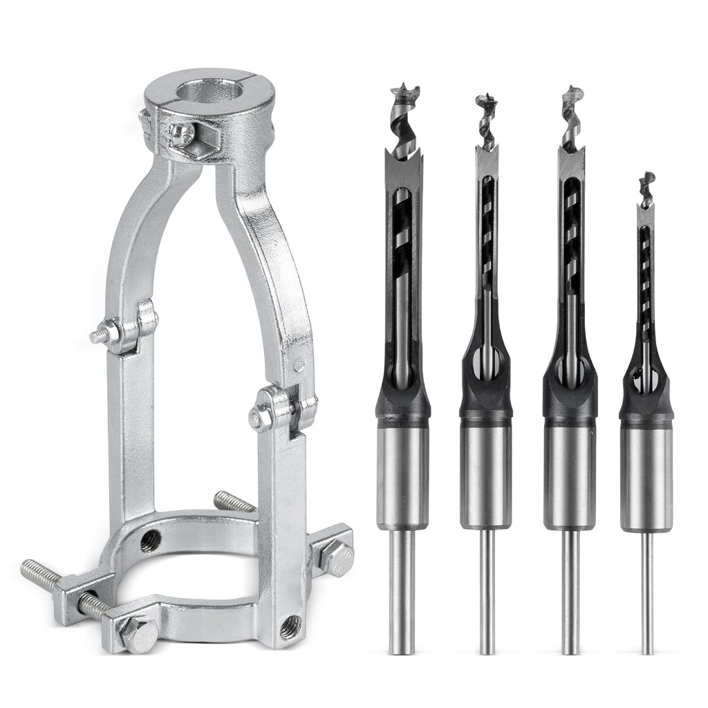 Kit 5 Brocas Furo Quadrado + Suporte Fixo Adaptador Furadeira de Bancada