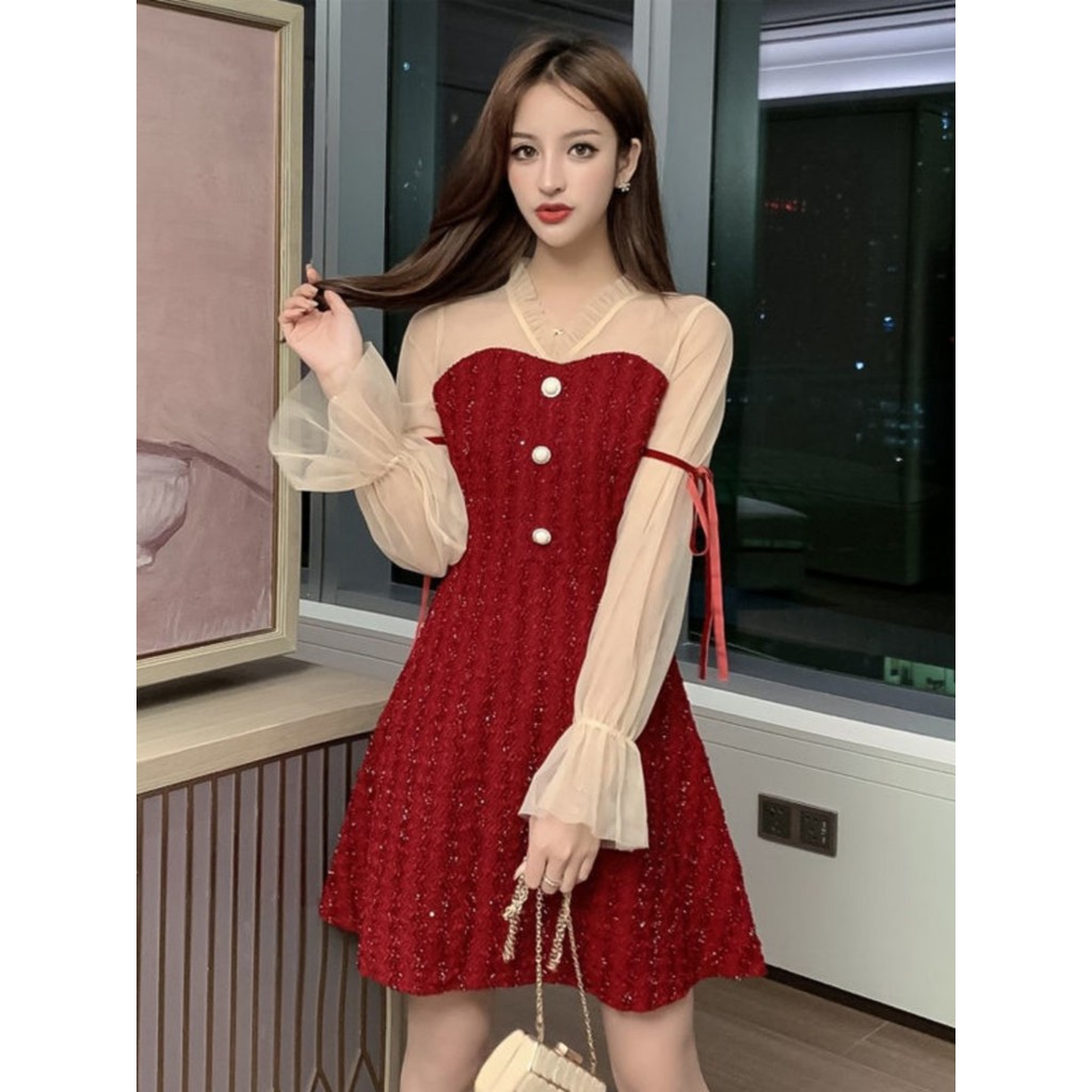 Estilo palácio vestido vermelho vestido temperamento trompete manga francês pequeno vestido banquete gordura mm maternid