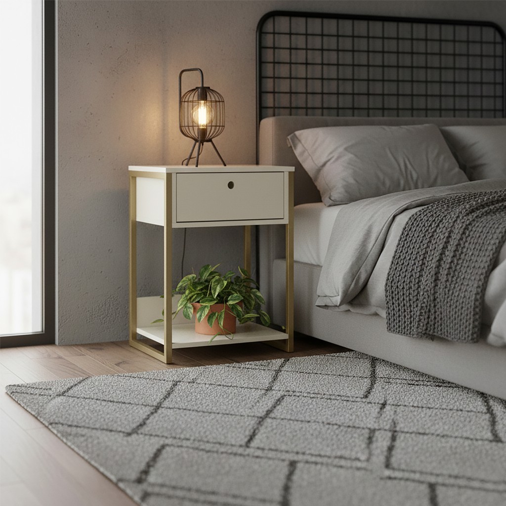 Mesa de Cabeceira Industrial  Moderna p/ Quarto Off White - Olivar Móveis
