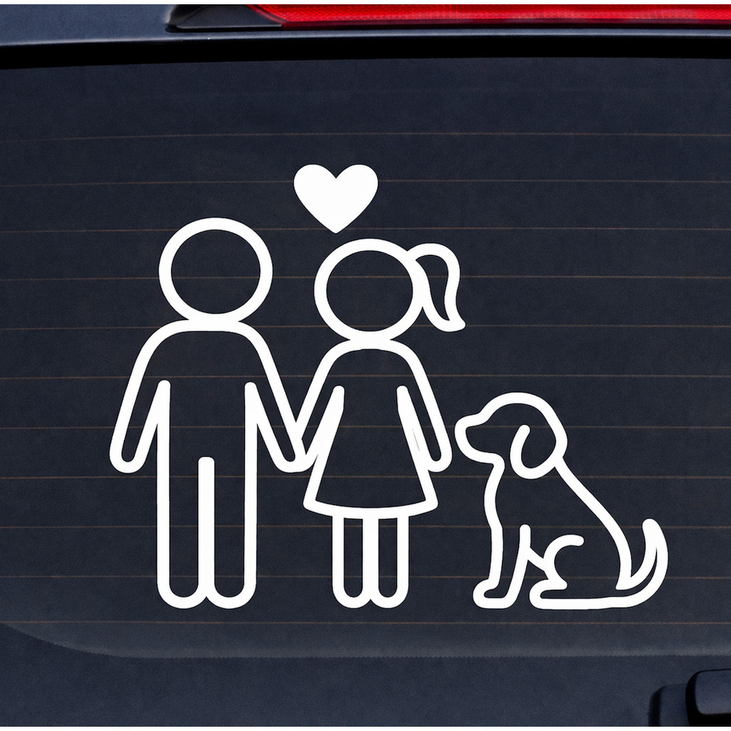 ADESIVO PARA CARRO MOTO E CAMINHÃO 10 CM Casal com cachorro no vidro traseiro