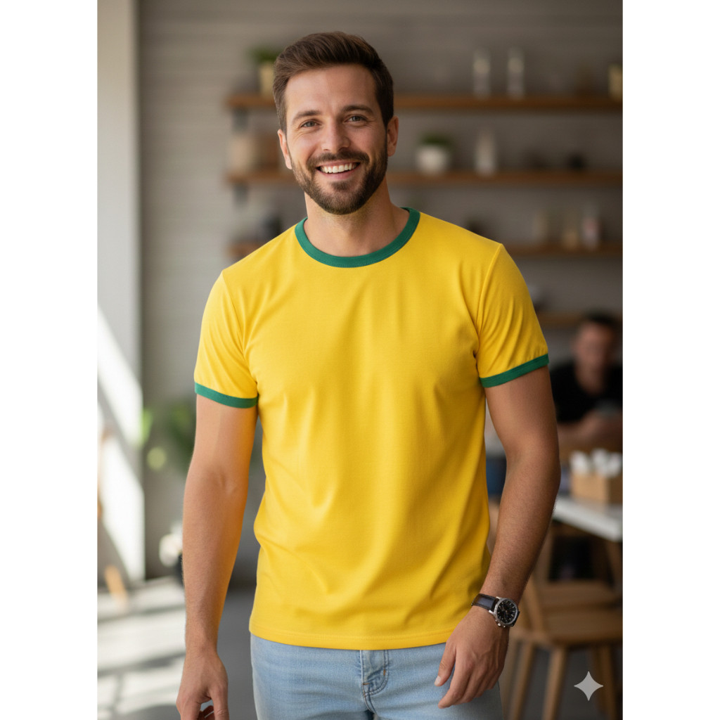 Camiseta Amarela Masculina Feminina Unissex Estilo Brasil Gola Verde  Copa do Mundo Algodão Premium Confortável Casual