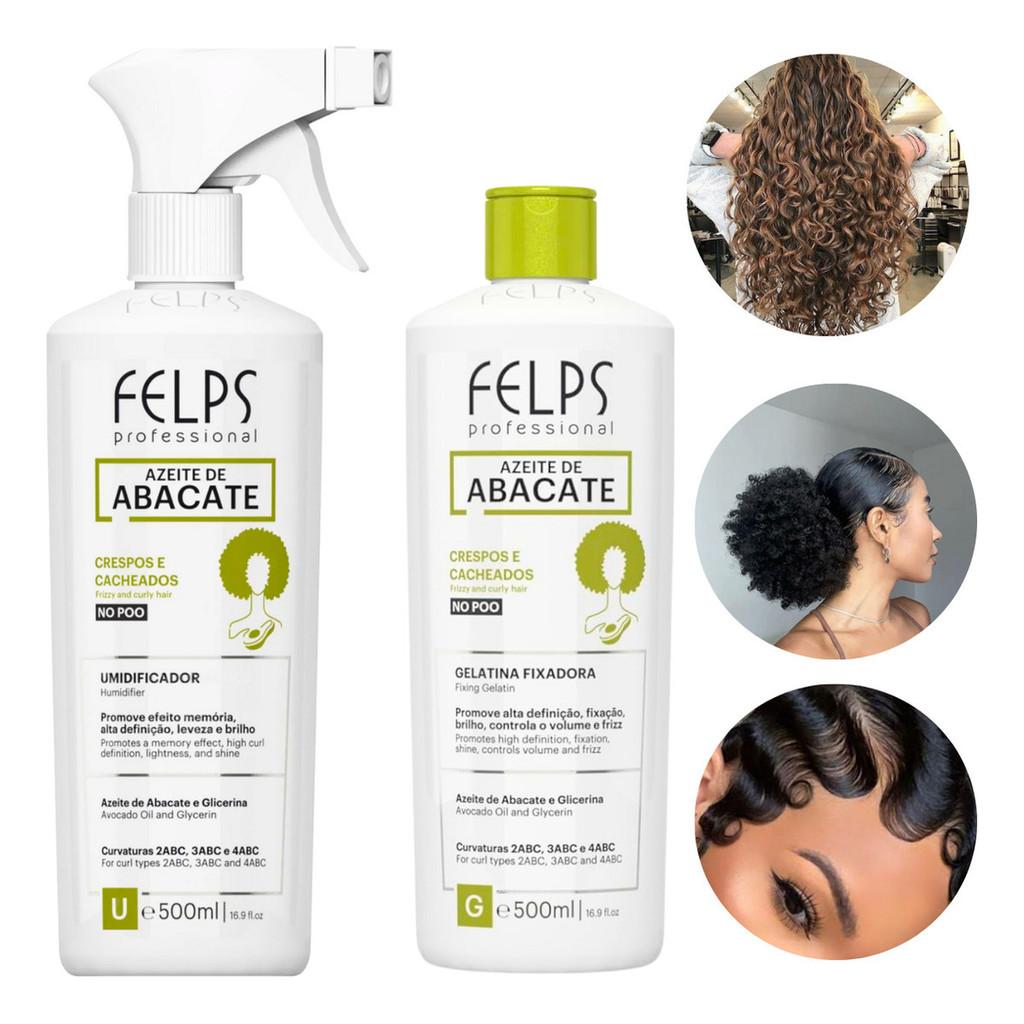 Kit Gelatina Fixadora Ativadora+Umidificador de Cachos Antifrizz Efeito Memória Finalização Felps