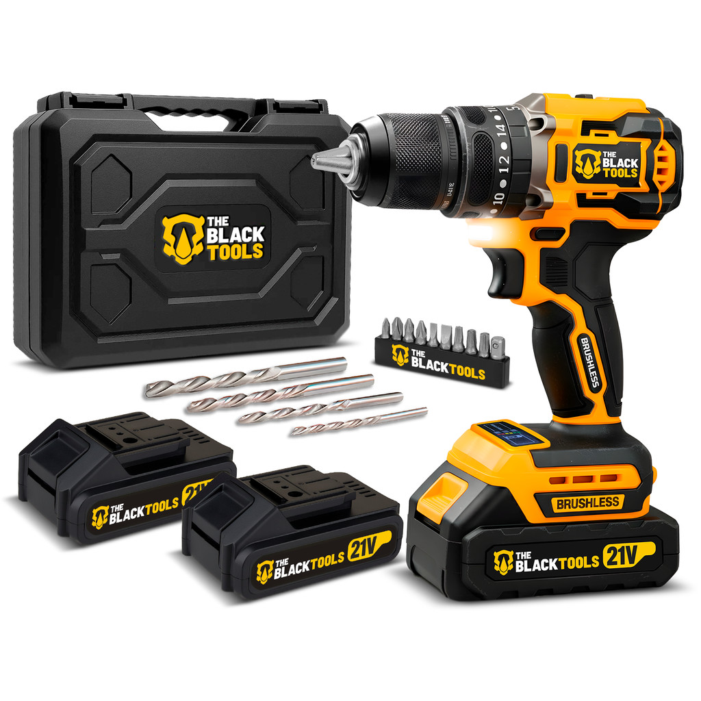 Parafusadeira Furadeira Brushless Bivolt Com 2 Baterias 21v The Black Tools em Oferta na Shopee