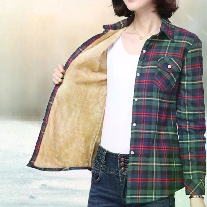 Nova Mulher Inverno Quente Velo Xadrez Camisa Feminina Grossa Manga Longa Botão Para Baixo Fino Topos Jaqueta
