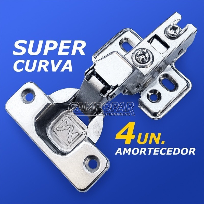 Kit 4 Dobradiça Super Curva Para Móveis Armários Com Pistão Amortecedor 35mm Calço Fixo