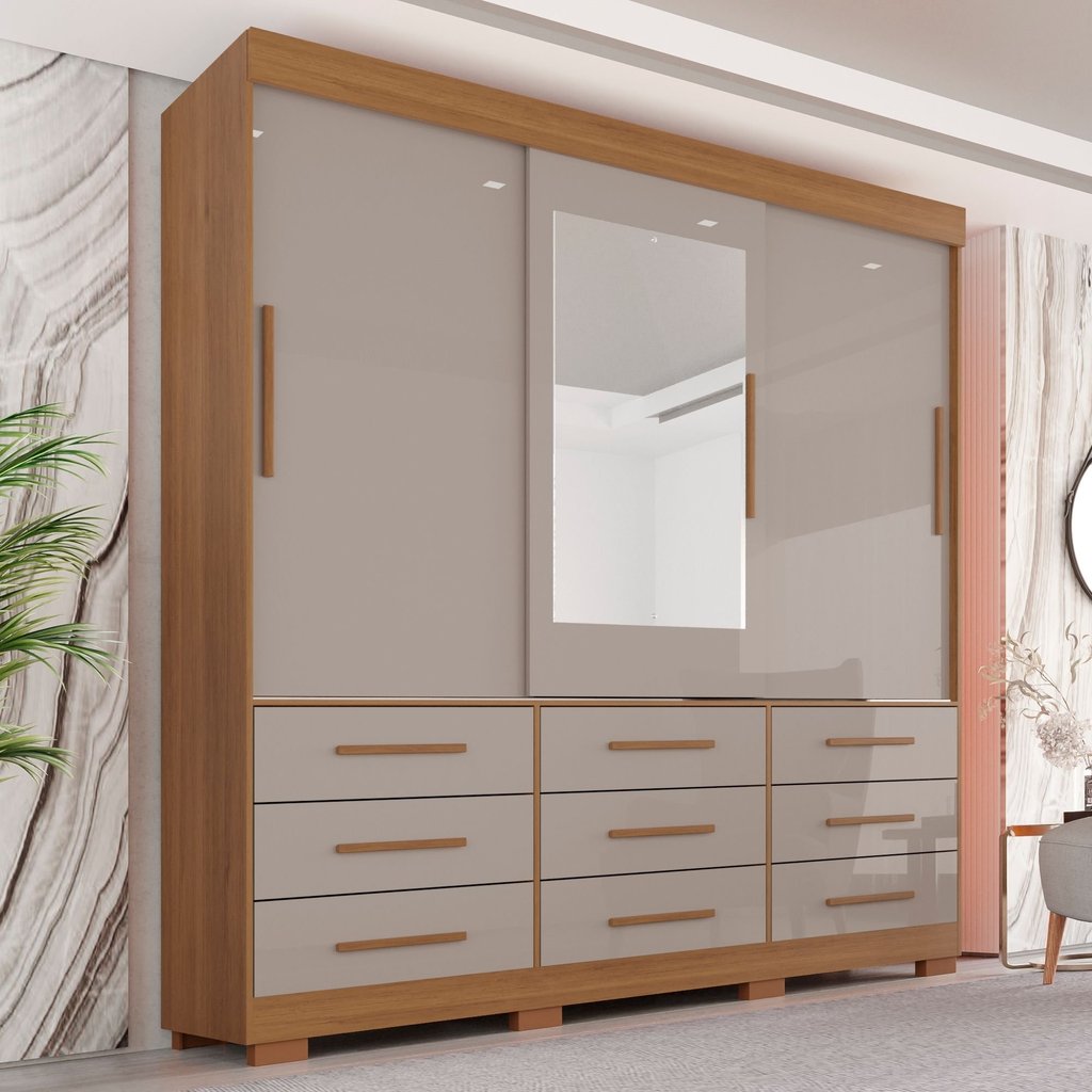 Guarda-roupa com Pés e Espelho Casal 3 Portas 9 Gavetas Luana Cinamomo/Off White em Oferta na Shopee
