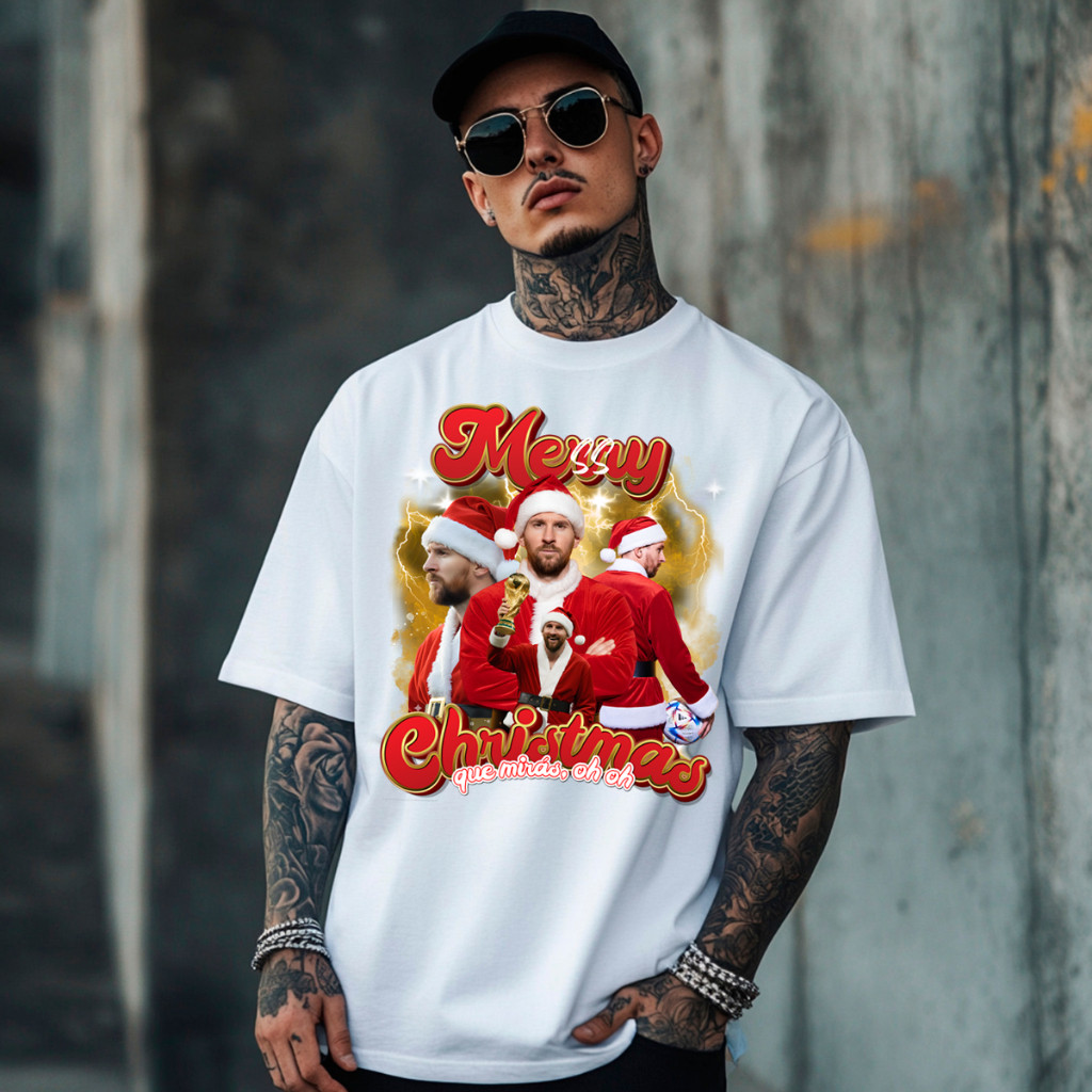 Camiseta Estampa Merry Christmas Messi Futebool Craque Camisa Natal 2025 Top Malha Premium