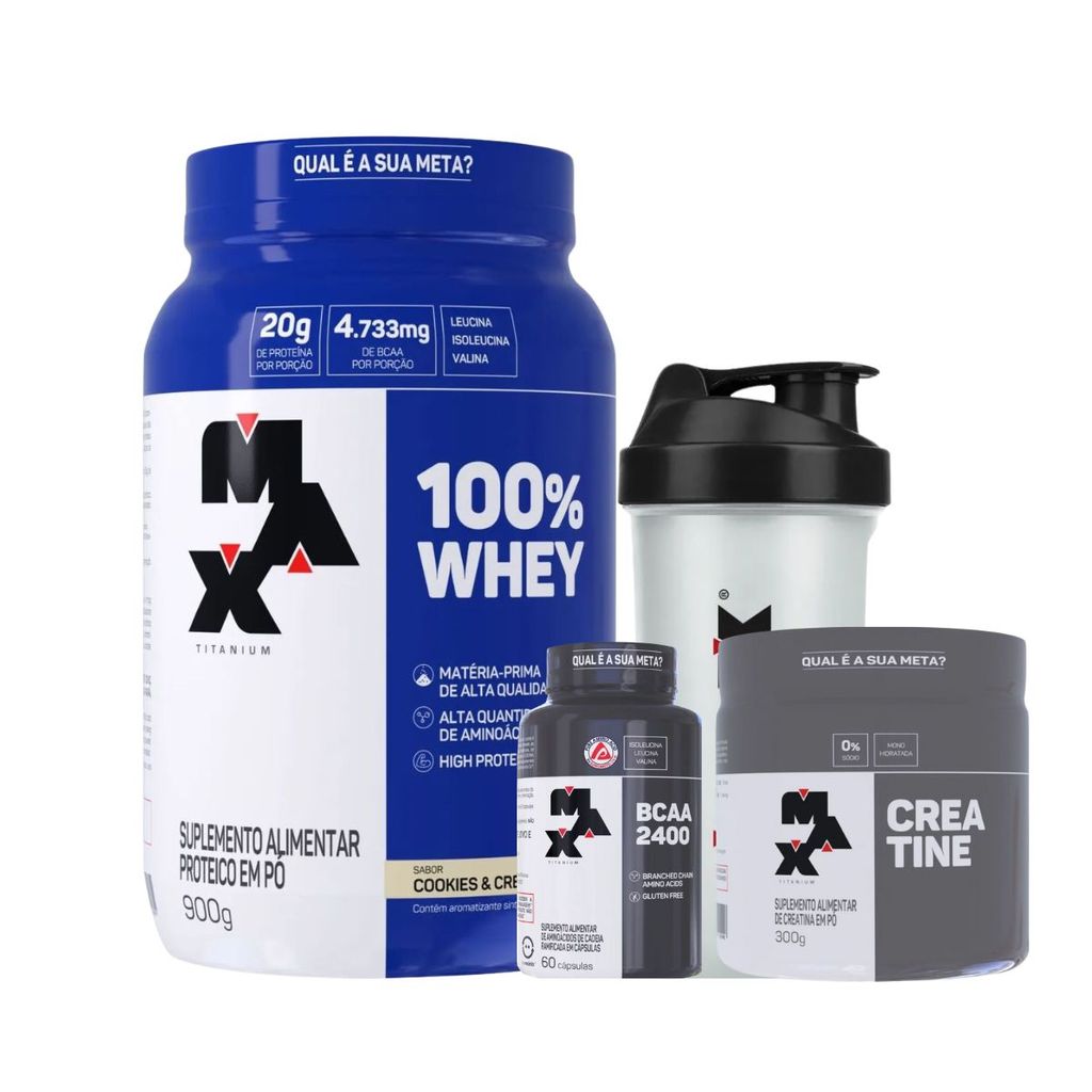 Whey Protein Concentrado Cookies & Cream Pote 900g Mix + Creatina Bcaa + Coqueteleira 700ml Max Titanium