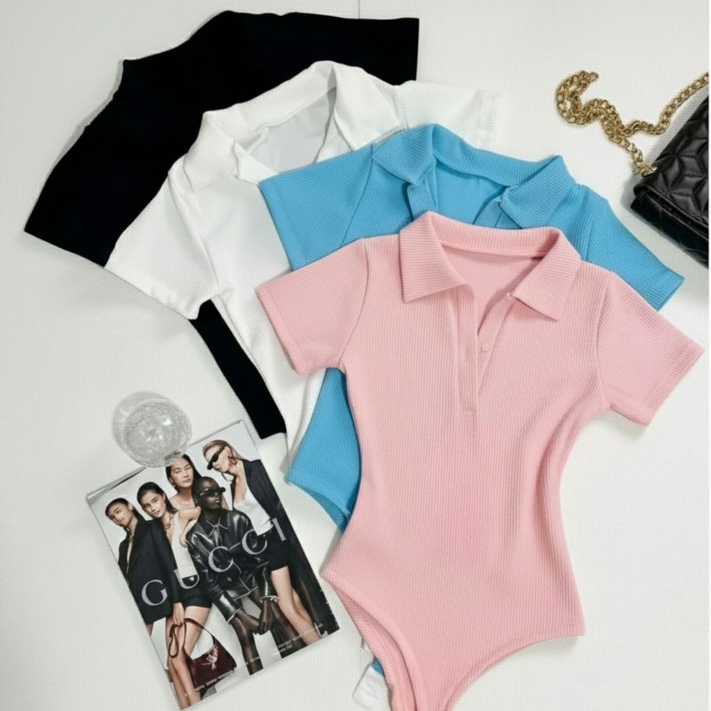 Kit 2 Body Feminino Canelado Gola Polo Manga Curta Casual Elegante Básico Confortável Verão