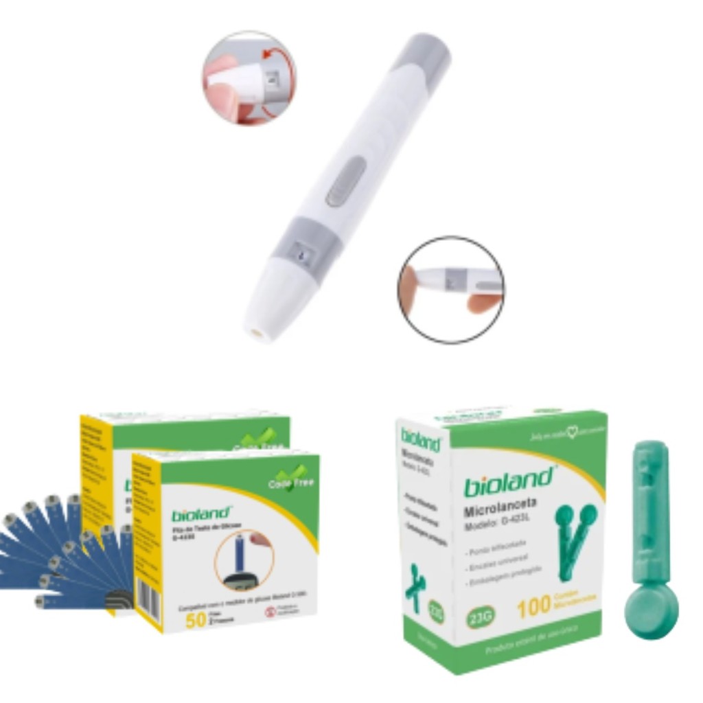 Kit 100 Tiras Glicemia +100 Lancetas + 1 Lancetador Bioland 