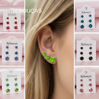 Cartela Brincos Strass trio Aço Inox Cirúrgico 3 pares pedra antialérgico Zirconea masculino feminino unissex em Oferta na Shopee