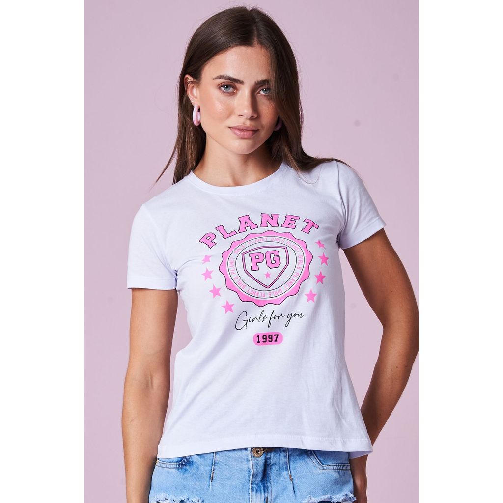 Camiseta Feminina  97 For You Planet Girls Branco em Oferta na Shopee