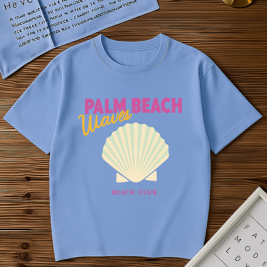 Blusa Básica Feminina Palm Beach Tropical Camiseta Concha 100% Algodão Tendência