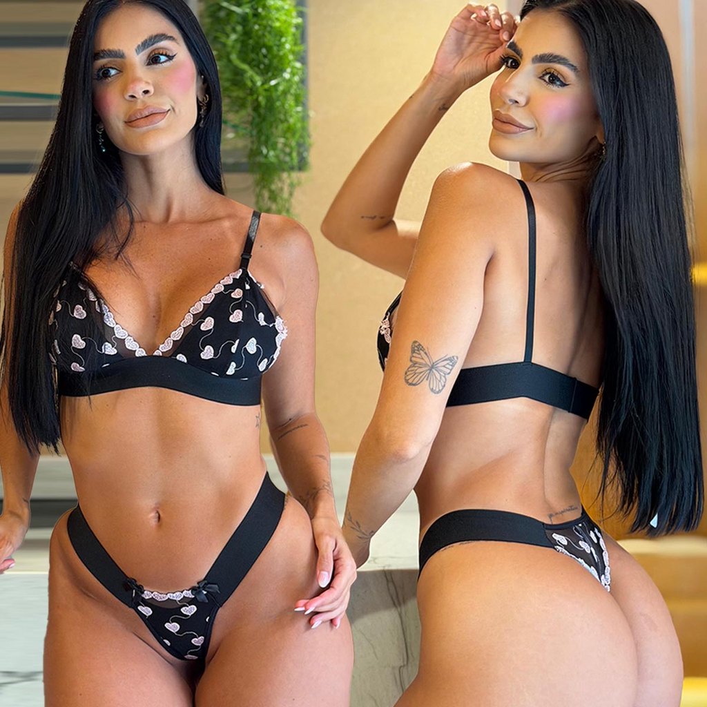 Conjunto Lingerie Tule Bordado Sem Bojo Calcinha Fio Sem Metal