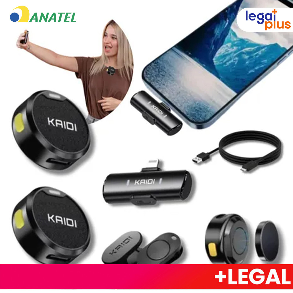 Microfone Lapela Sem Fio Duplo Kaidi Profissional: Cancelamento de Ruído, Imã Forte e Conexão USB-C/iPhone para Celular